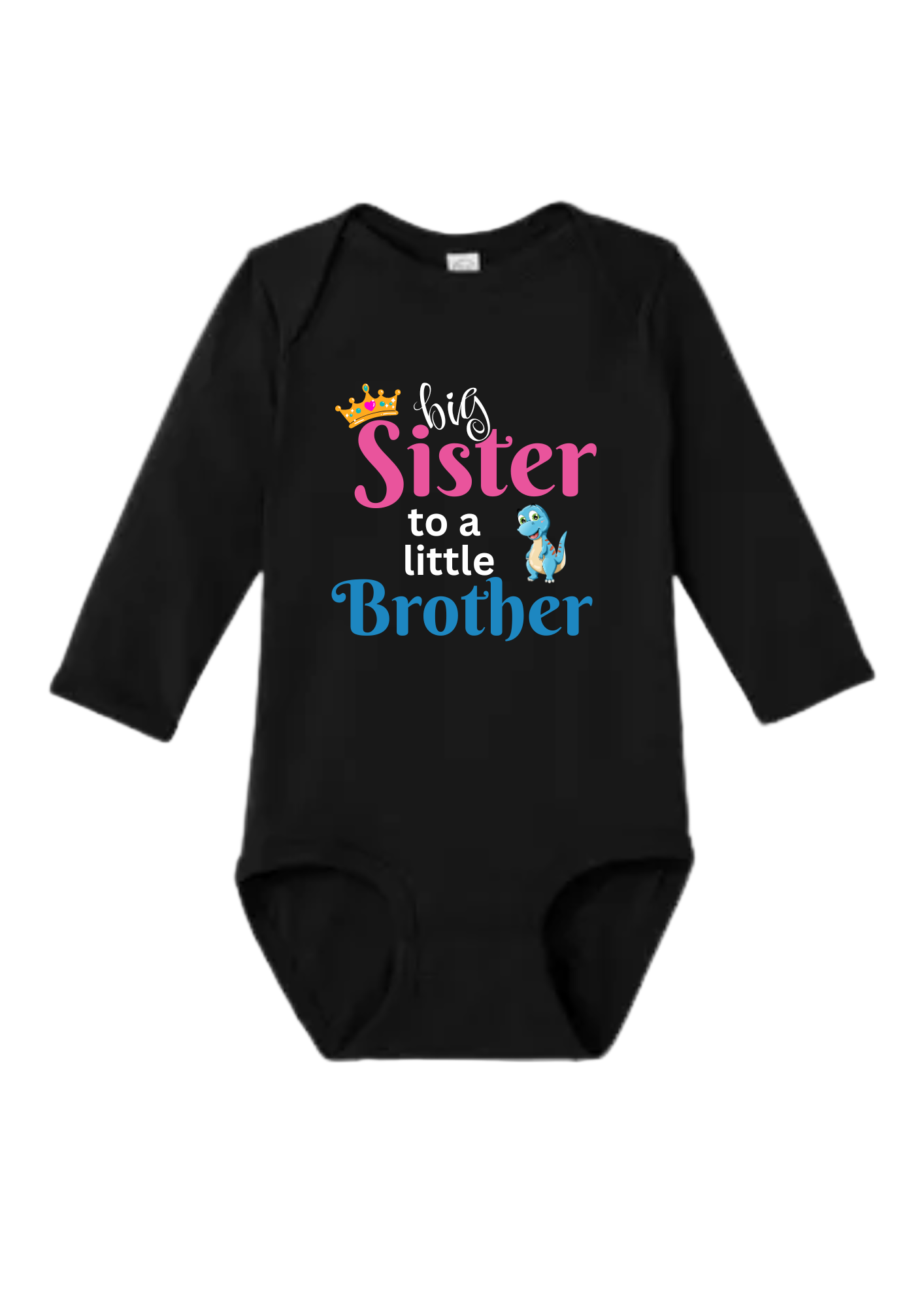 Black baby onesie with 'Big Sister to a Little Brother' text and cartoon characters on a white background.