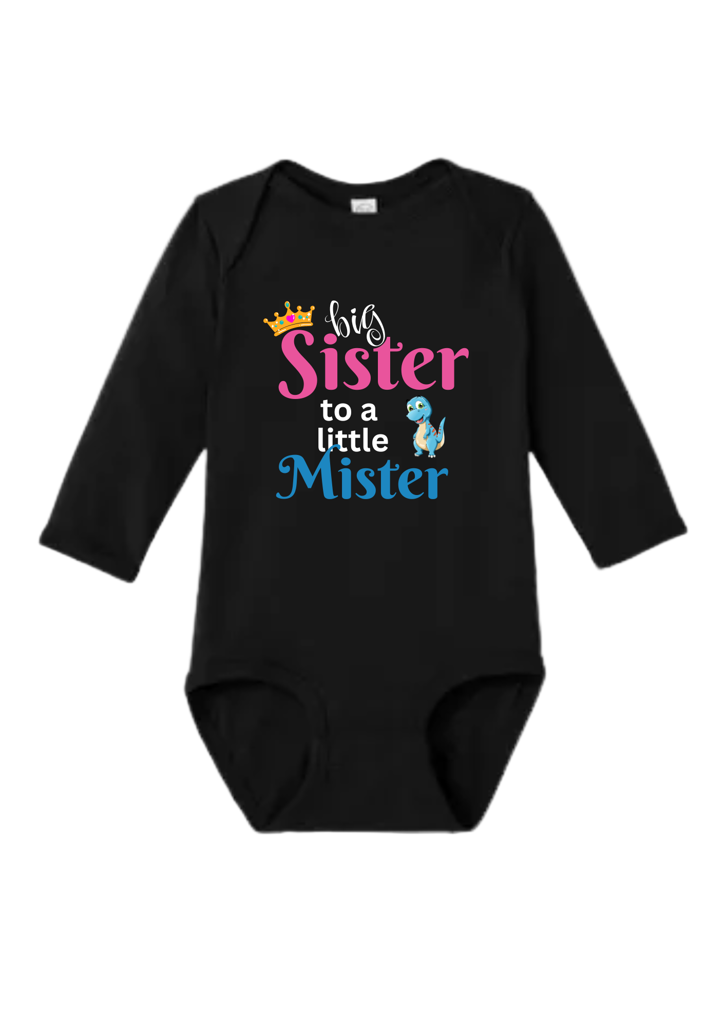 Black baby onesie with 'Big Sister to a Little Mister' text on a white background