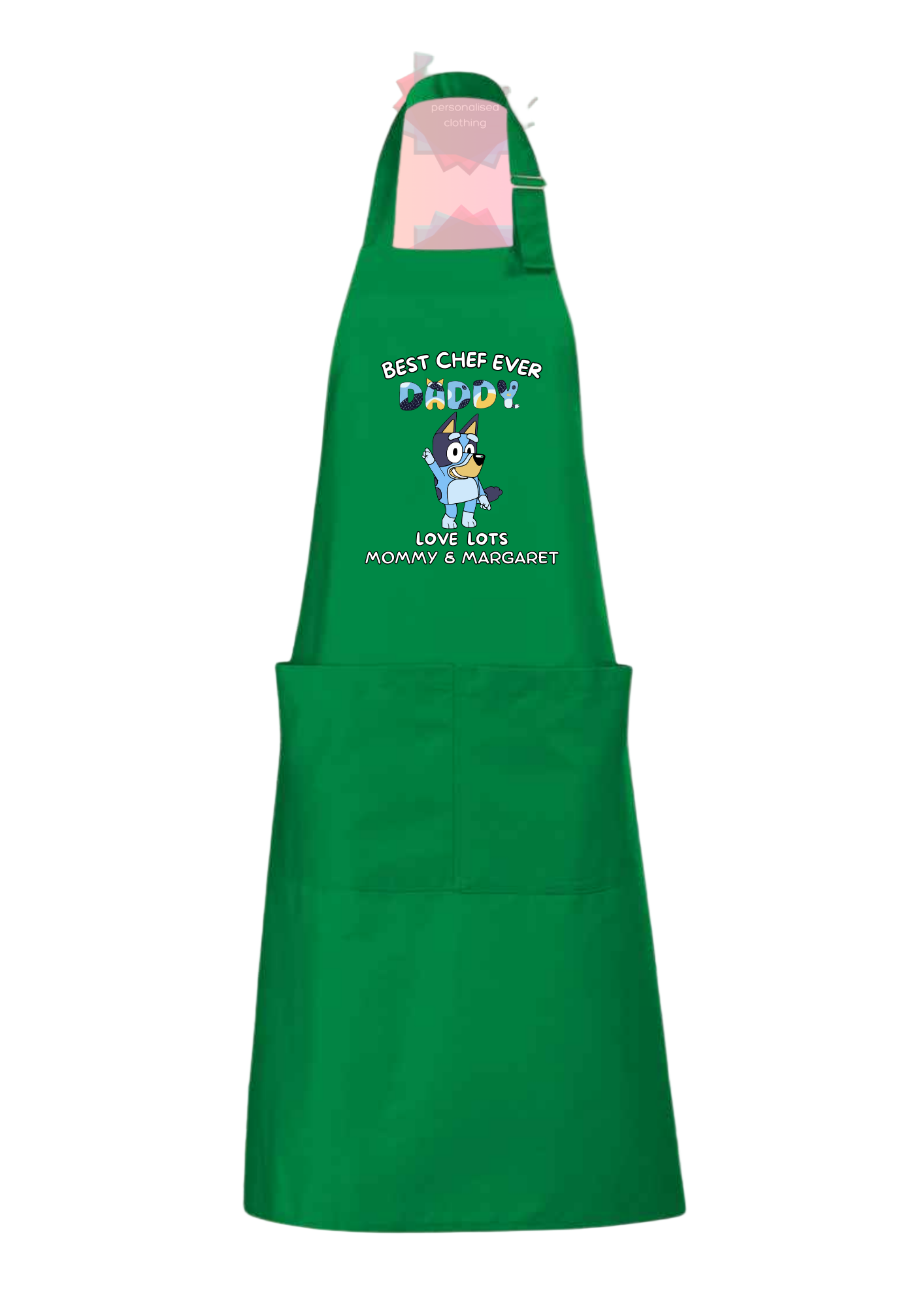 Green apron with bluey and text on demand