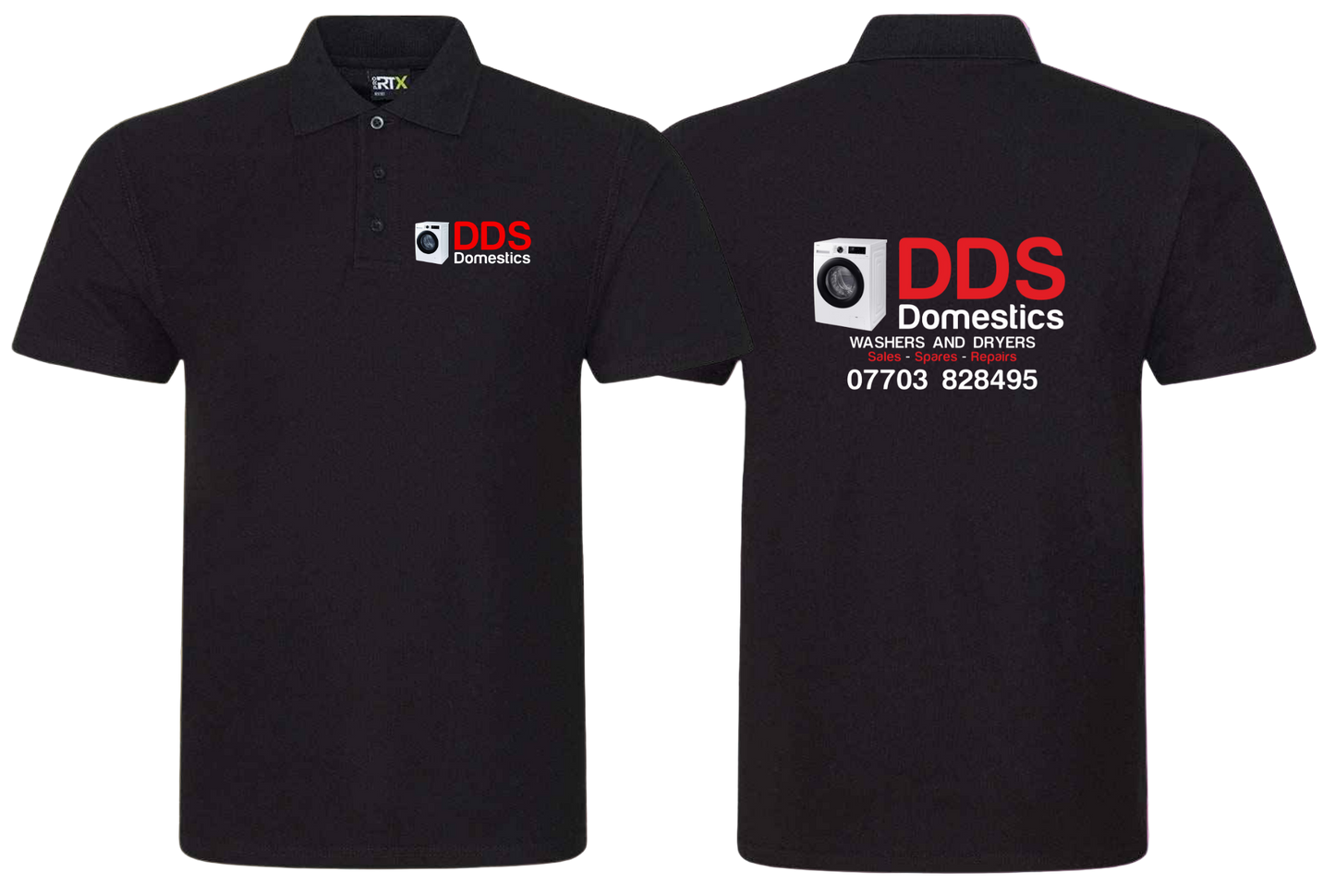 Black polo shirt with DDS Domestics logo on front and contact information on back