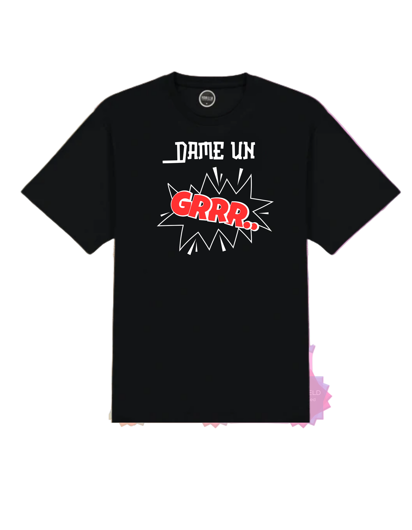 Black t-shirt with graphic design and text on a colorful background