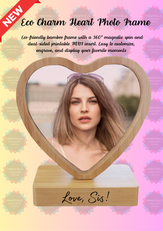 EcoCharm™ Revolving Bamboo & MDF Heart Photo Frame – Magnetic, Dual-Sided Printable