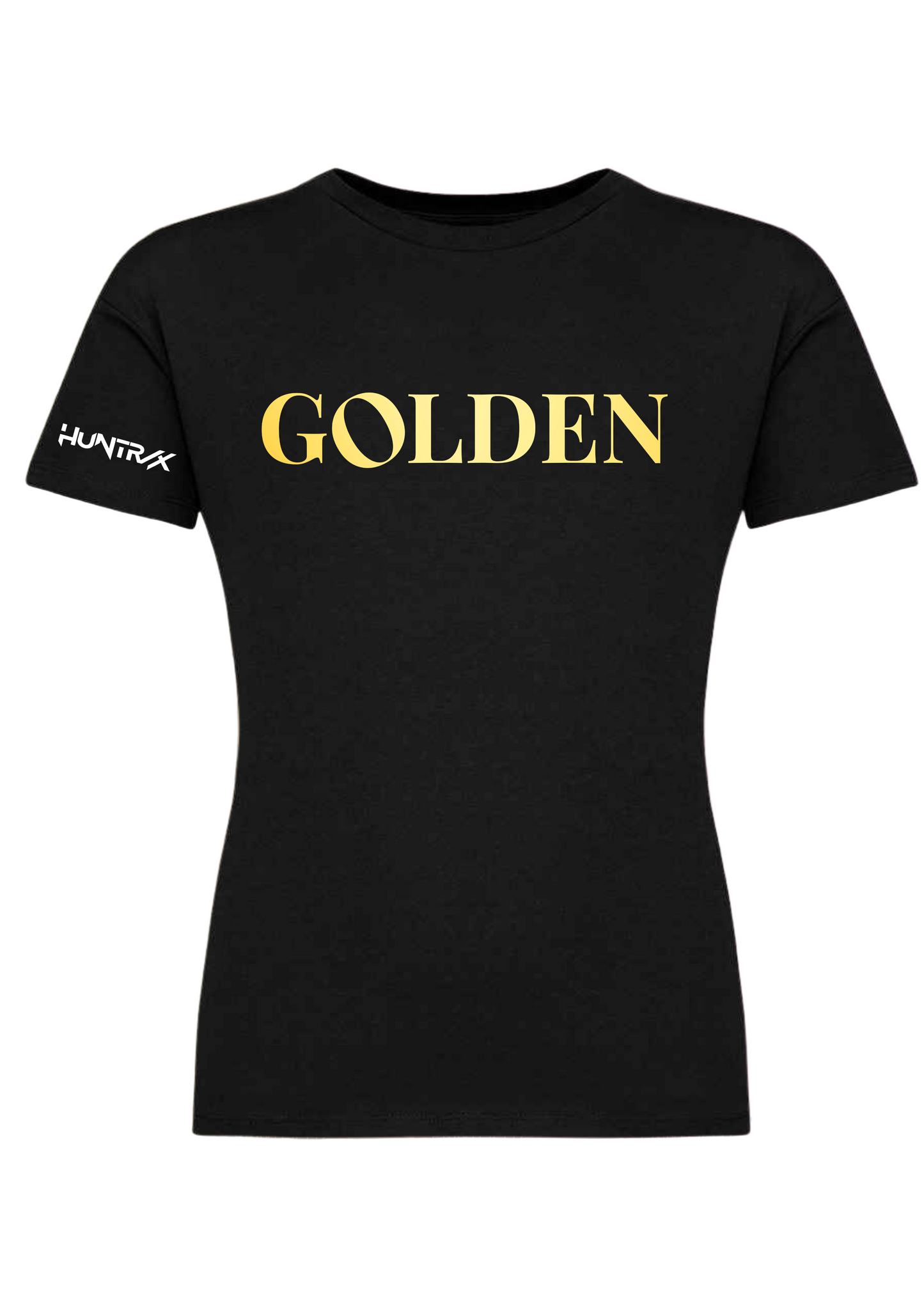Black t-shirt with 'GOLDEN' printed in gold