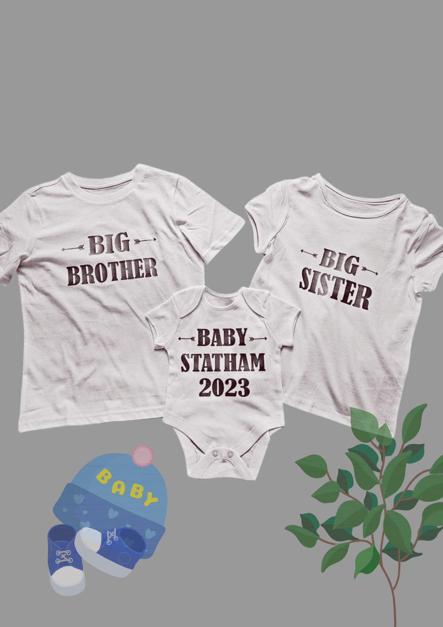 Three baby onesies labeled 'Big Brother', 'Big Sister', and 'Baby Statham 2023' on a gray background with colorful flags.