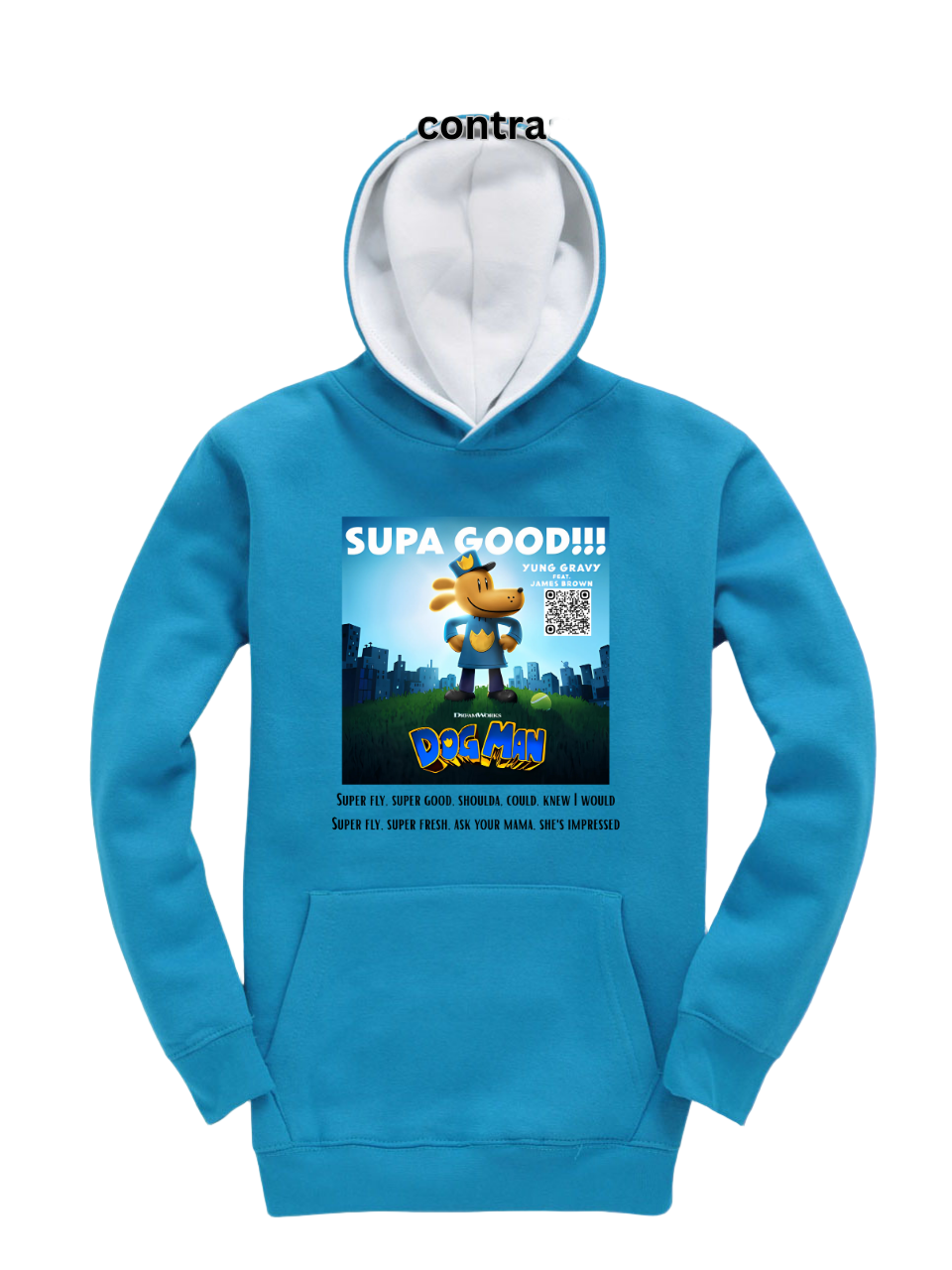A blue hoodie with a graphic print of a cartoon dog character and the text 'SUPA GOOD!!' along with a QR code.