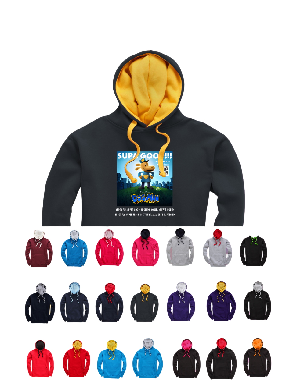 A collection of hoodies in various colors, all featuring a graphic of a dog and text, with a yellow hoodie selected as the featured product.