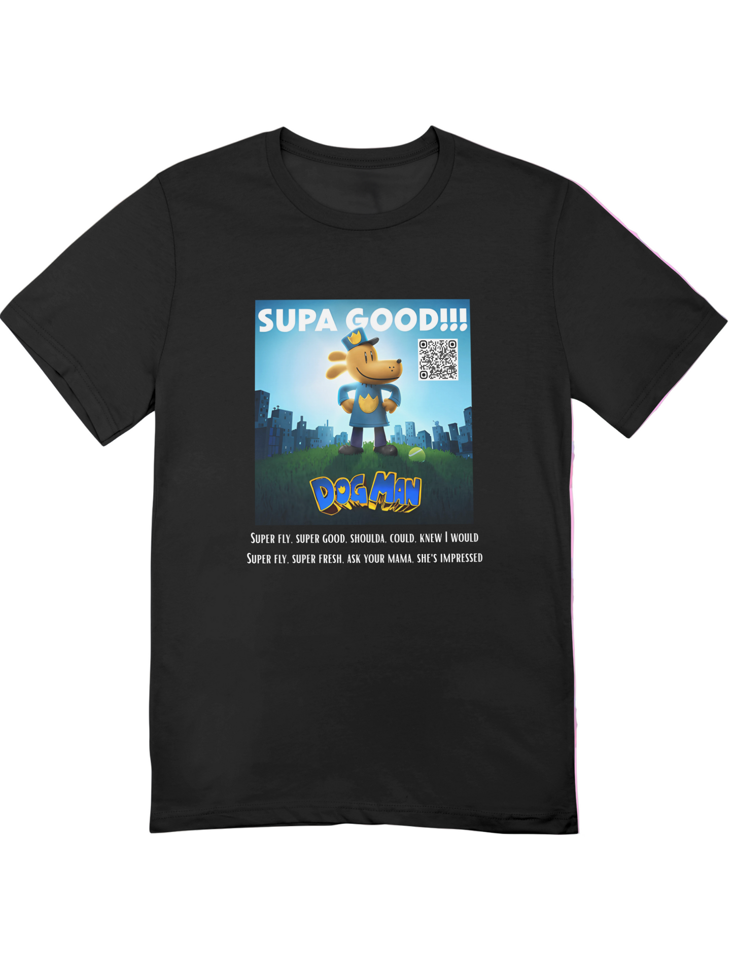 A black kids t-shirt with a graphic design related to the 'Dog Man Supa Good' song, featuring text and a cartoon character.