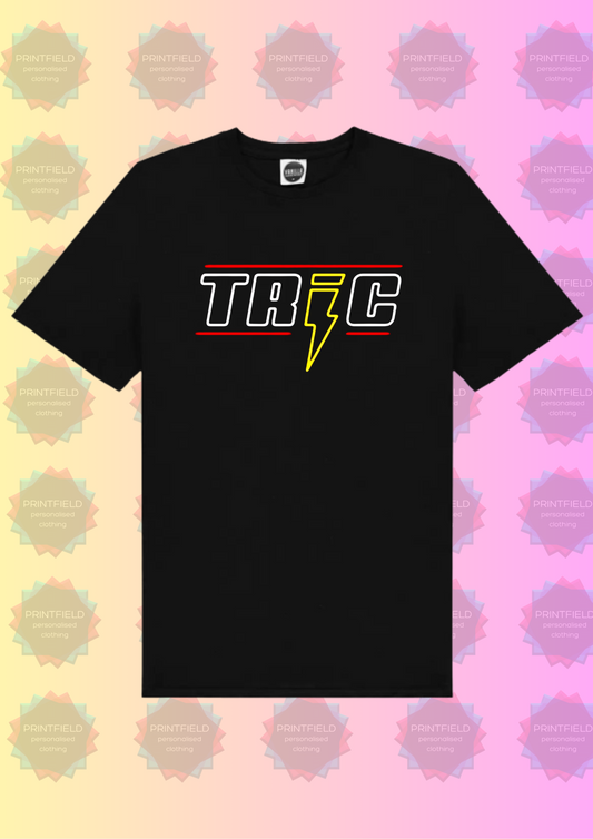 Black t-shirt with 'TRIC' logo printed in the center, presented on a patterned background.