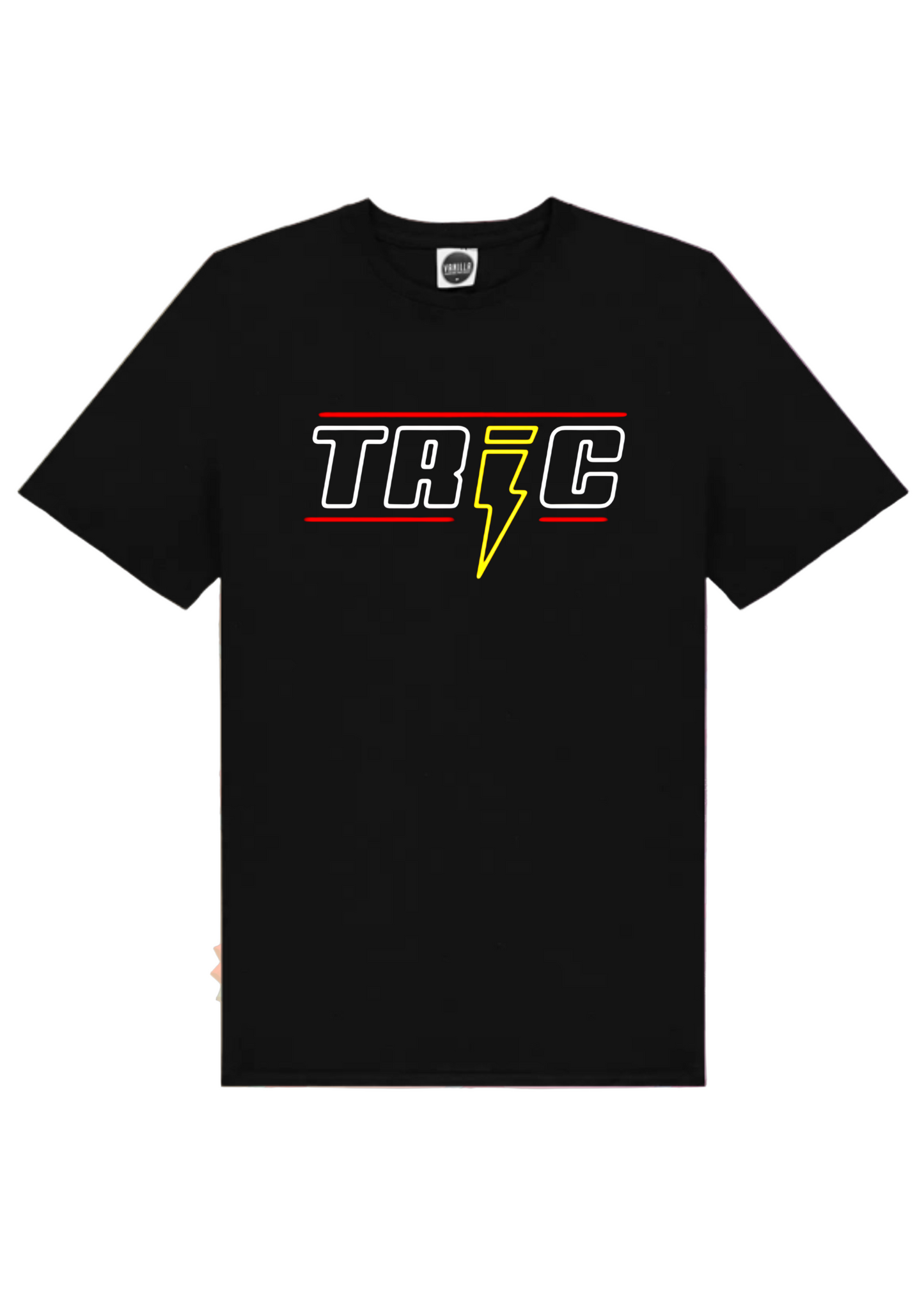 Black t-shirt with 'TRIC' logo printed in the center, presented on a patterned background.