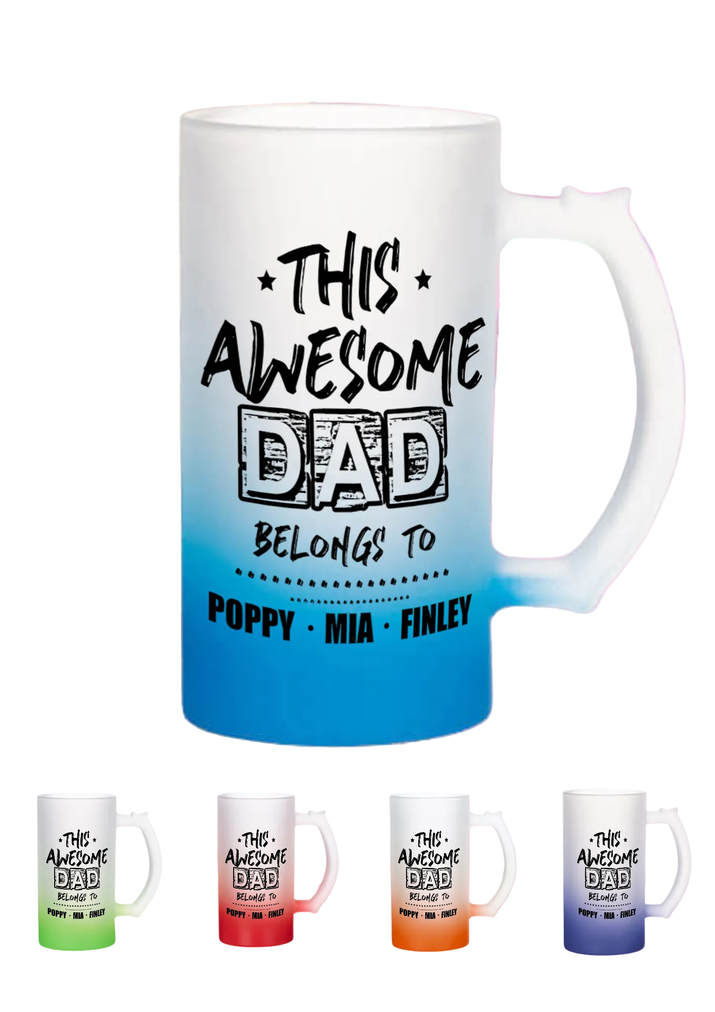 White mug with 'This Awesome Dad Belongs To' text on a colorful gradient background