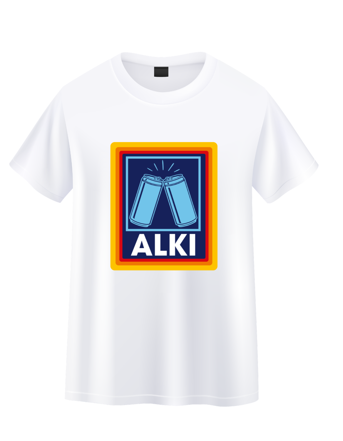 White ALKI graphic T-shirt with colourful retro clinking beer can design