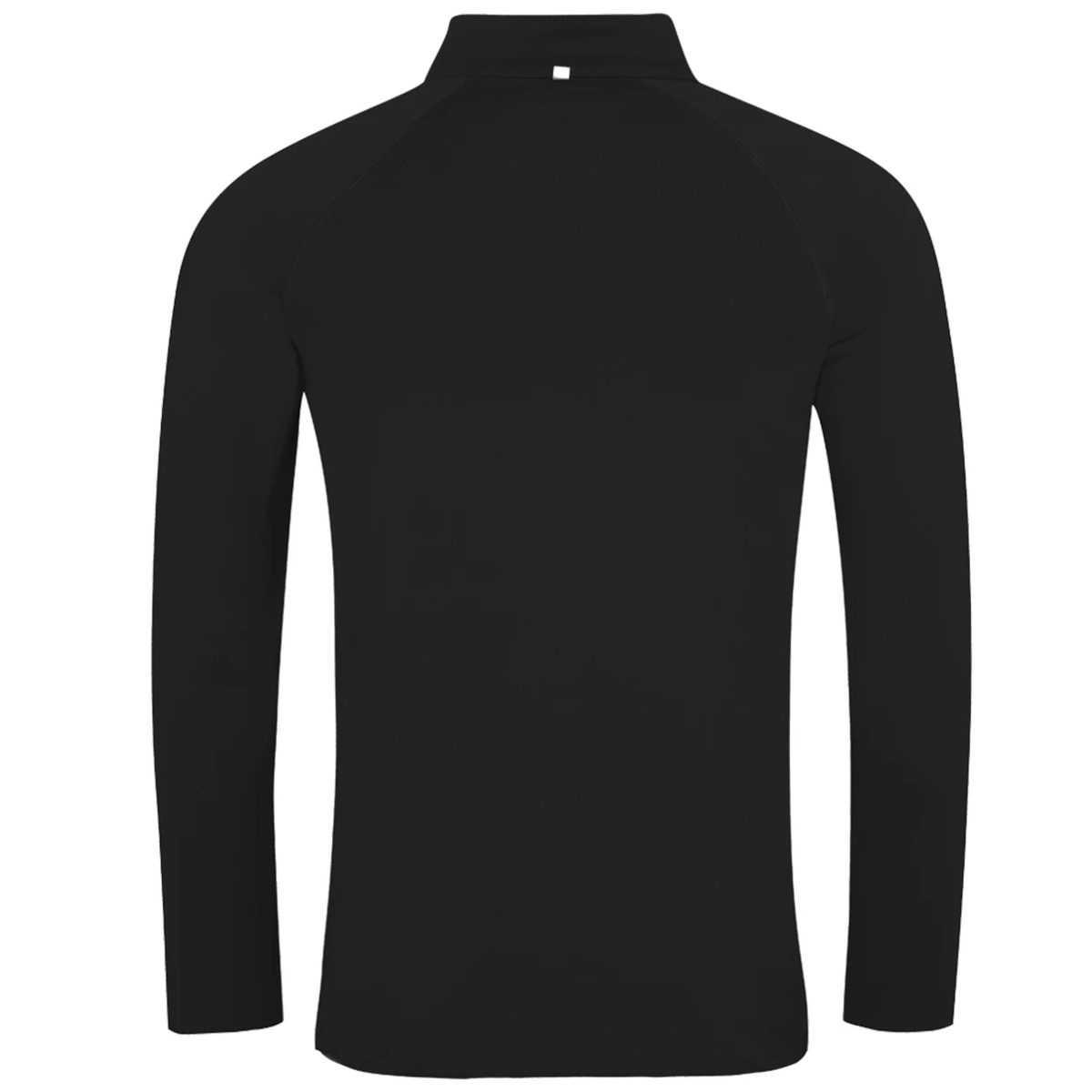 A black long-sleeve quarter-zip athletic top shown from the back, displayed on a clean white background.