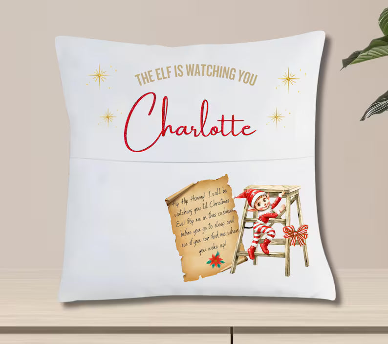 Personalised Elf Cushion – “Elf Is Watching You” – Christmas Gift Pillow