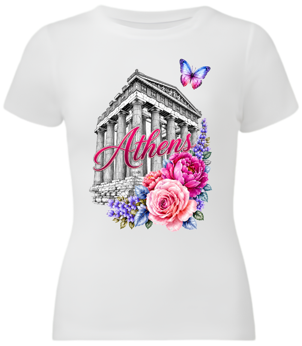 A white short-sleeve crewneck t-shirt featuring a colorful graphic print of the Parthenon with the word 'Athens' in pink script, surrounded by pink and purple flowers and a butterfly.