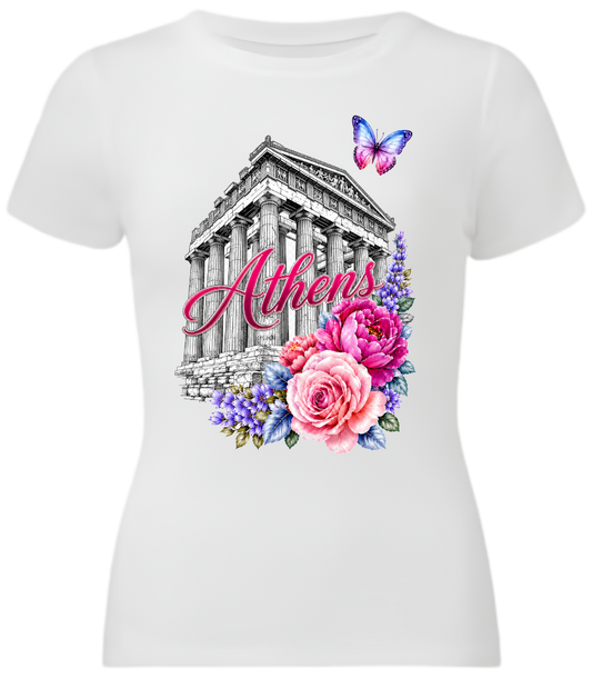 A white short-sleeve crewneck t-shirt featuring a colorful graphic print of the Parthenon with the word 'Athens' in pink script, surrounded by pink and purple flowers and a butterfly.