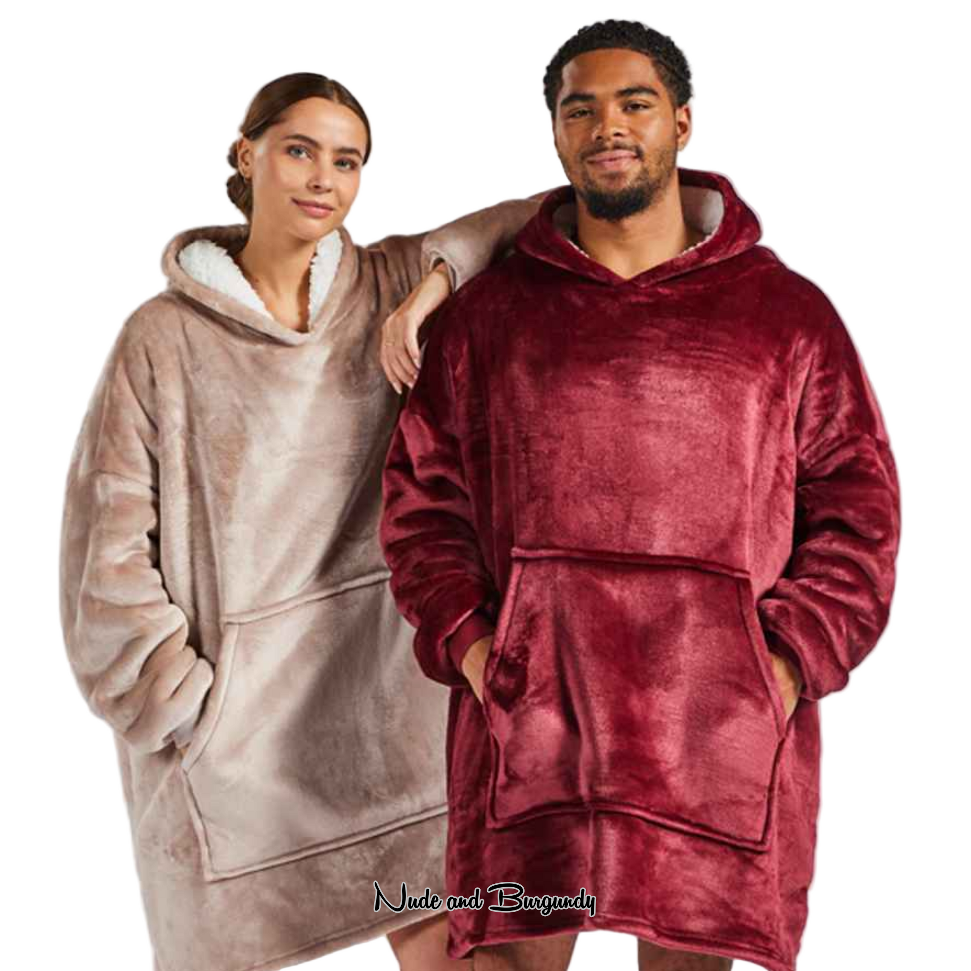 Two people wearing oversized hoodies in beige and burgundy on a white background.