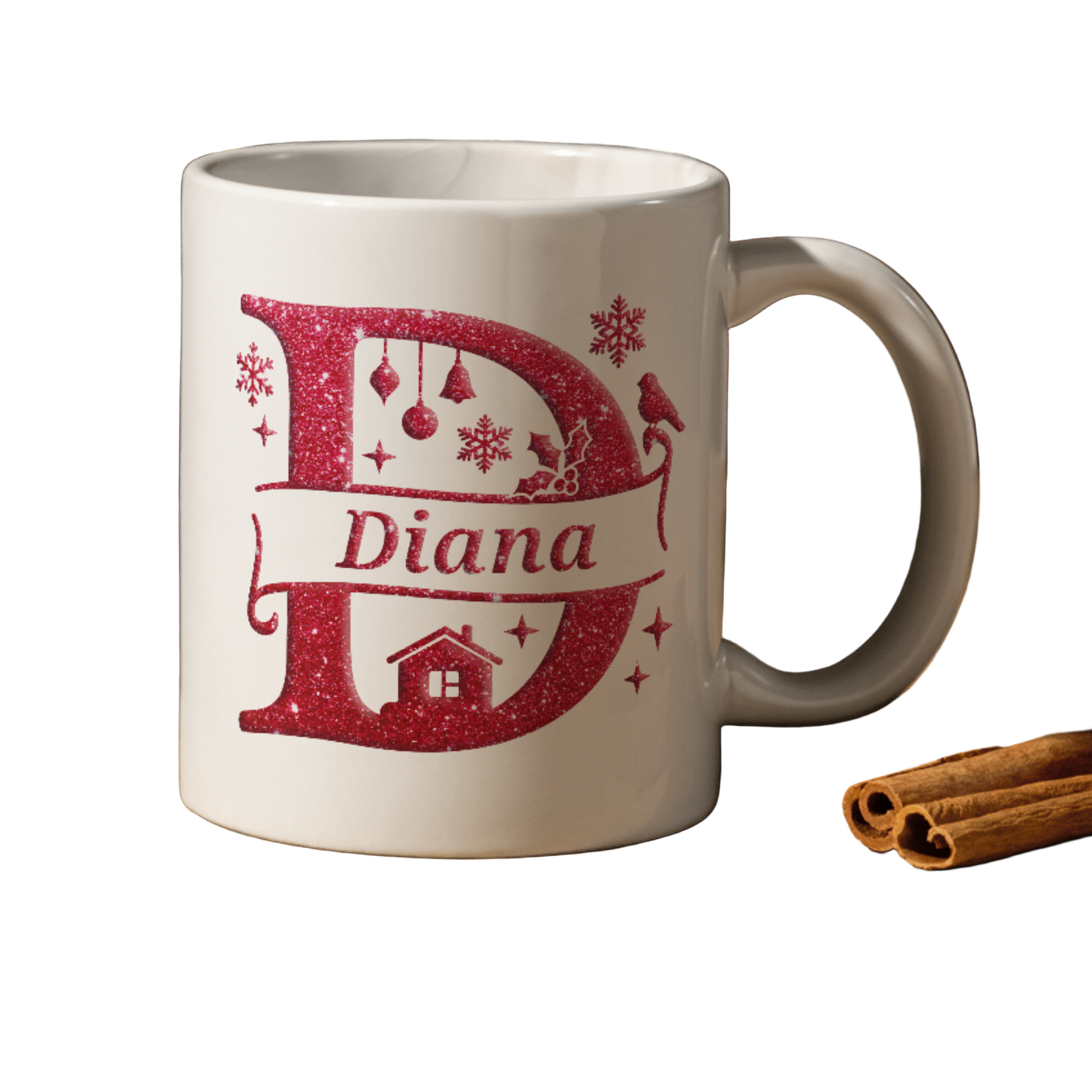 White mug with red decorative letter 'D' and 'Diana' text, accompanied by cinnamon sticks on a white background