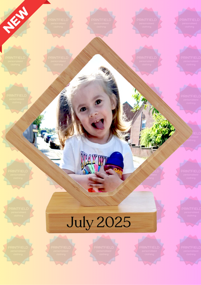 EcoCharm™ Revolving Bamboo & MDF Heart Photo Frame – Magnetic, Dual-Sided Printable