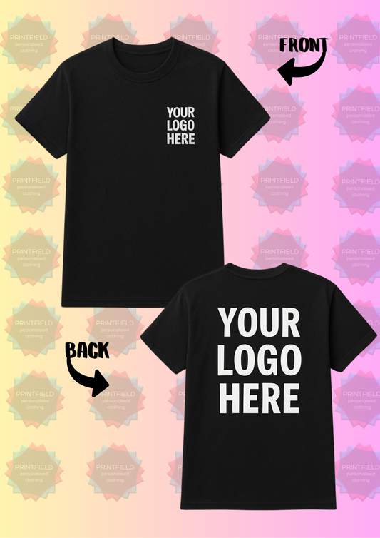 Custom Black T-Shirt – Left Chest &amp; Large Back Logo Placement