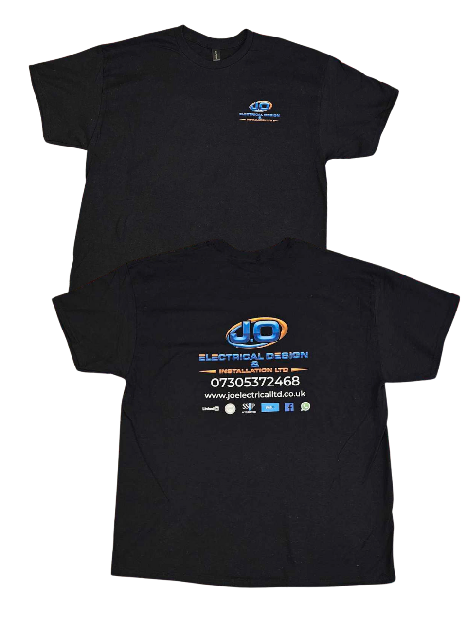 Two black t-shirts with logos and contact information on a white background