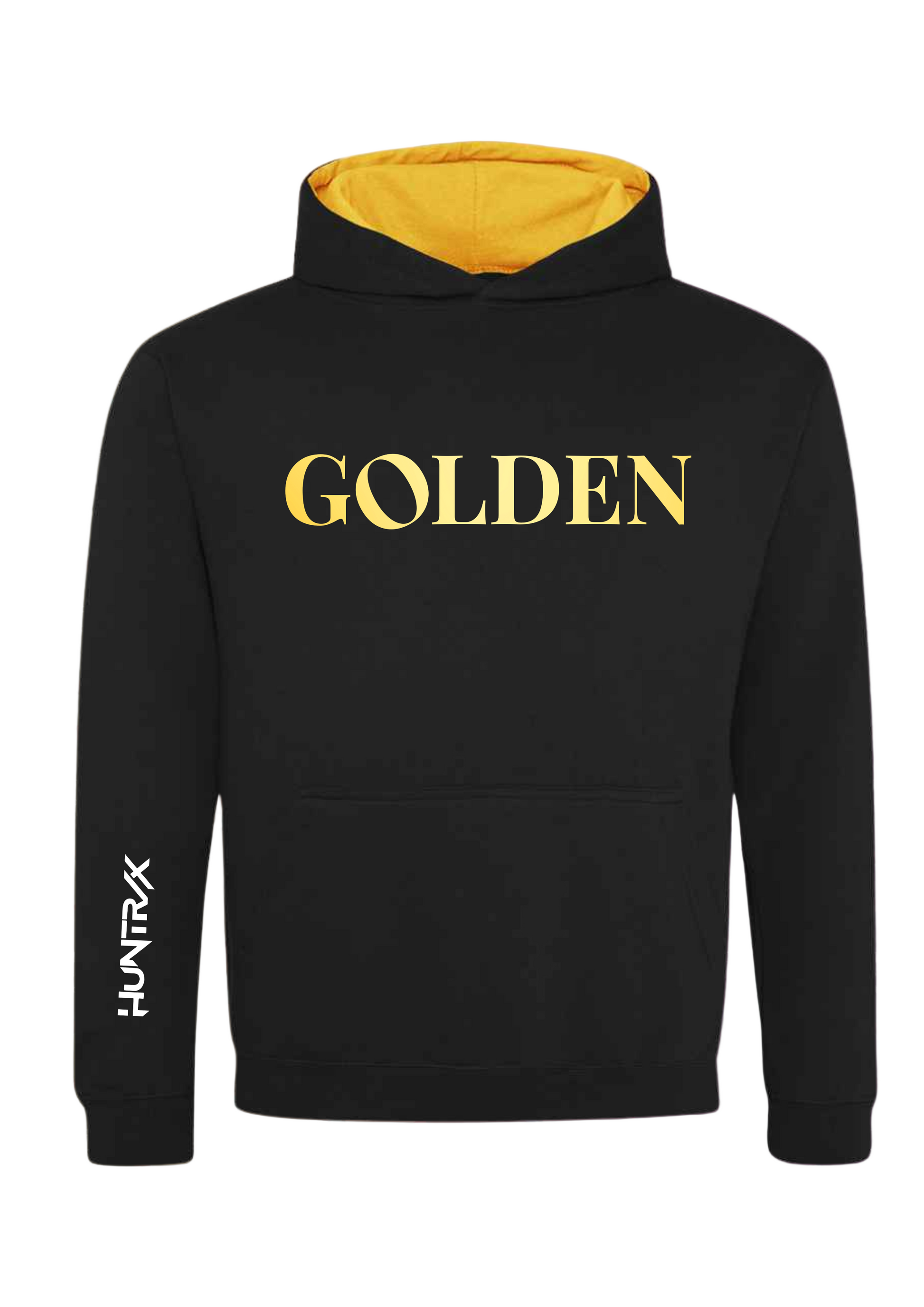 Black hoodie with golden text and yellow lining on a colorful patterned background huntrix demon hunters song