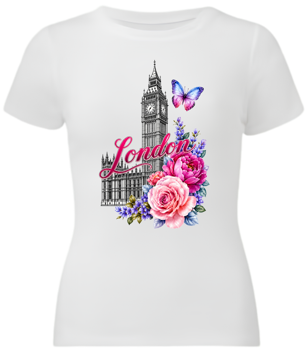 A floral white t-shirt with London theme which contains London in pink, handwritten and Big Ben in the back with flowers in the bottom corner