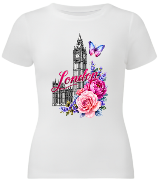 A floral white t-shirt with London theme which contains London in pink, handwritten and Big Ben in the back with flowers in the bottom corner