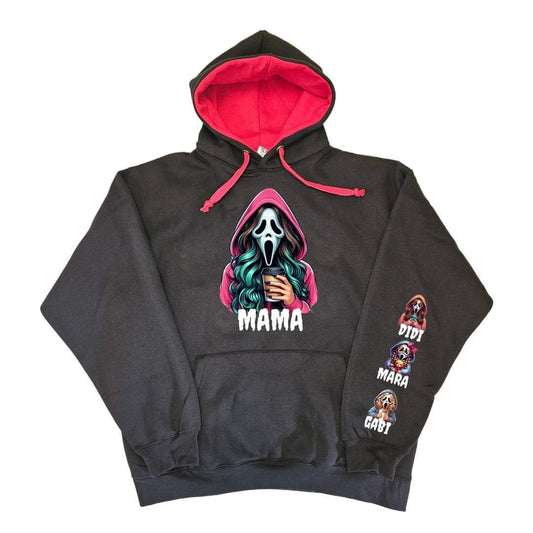 A black hoodie with a red double fabric hood, featuring a bold spooky mama scream mask design on the front and additional graphics on the sleeves.