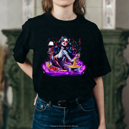 Modern Chef Cat Art Print – Whimsical Kitchen Wall Art | Digital Download | Funny Cat with Wine Cooking Pasta | 300 DPI PNG