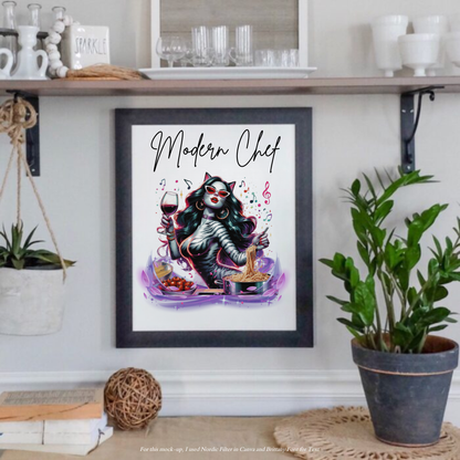 Modern Chef Cat Art Print – Whimsical Kitchen Wall Art | Digital Download | Funny Cat with Wine Cooking Pasta | 300 DPI PNG