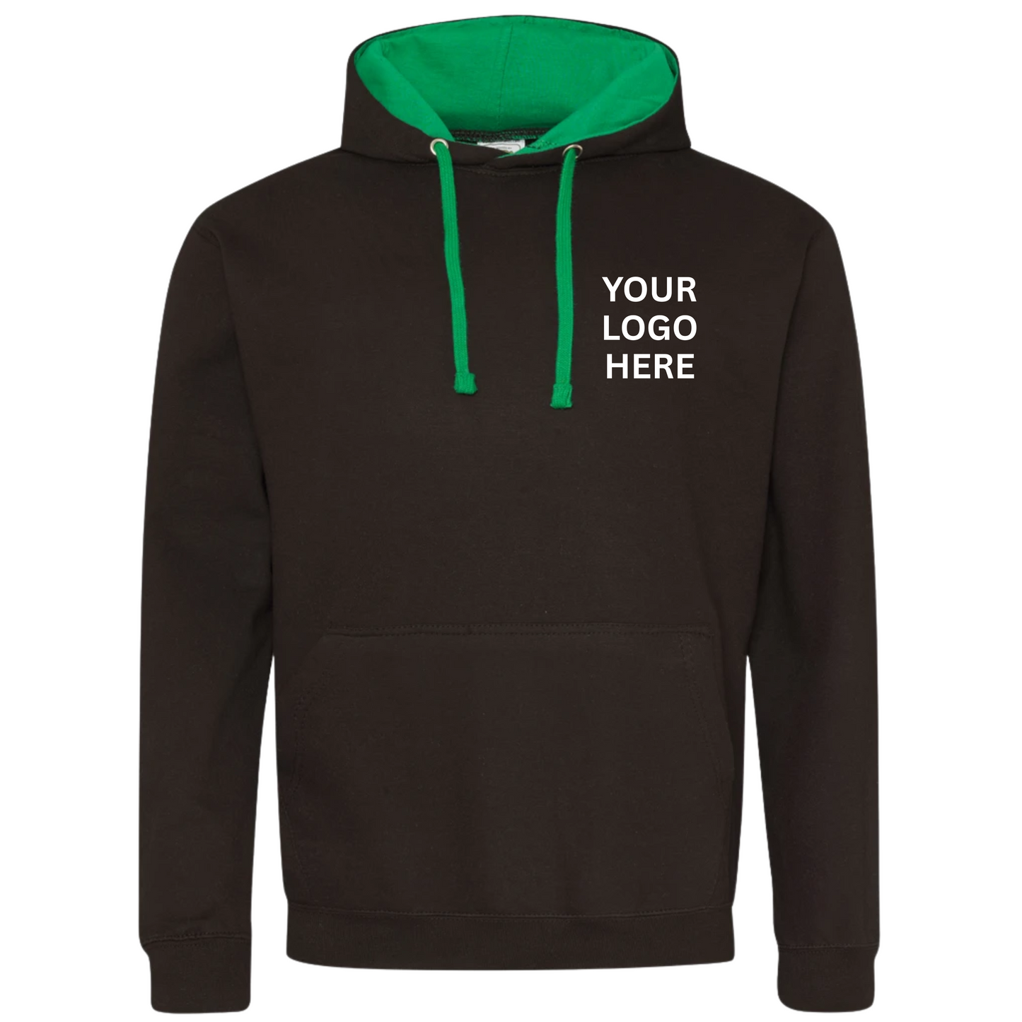 Jet black hoodie with kelly green hood on a white background showing ‘Your Logo Here’ on the left chest, illustrating that customers can add their own logo at checkout