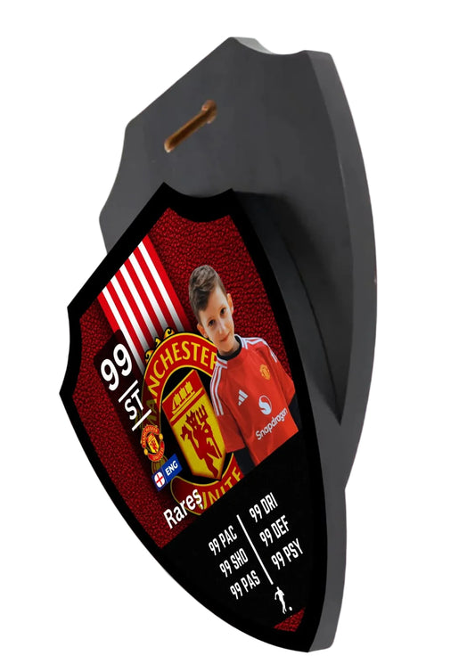 A personalized MDF football stats shield with a photo and text customization, displaying a player's achievements.