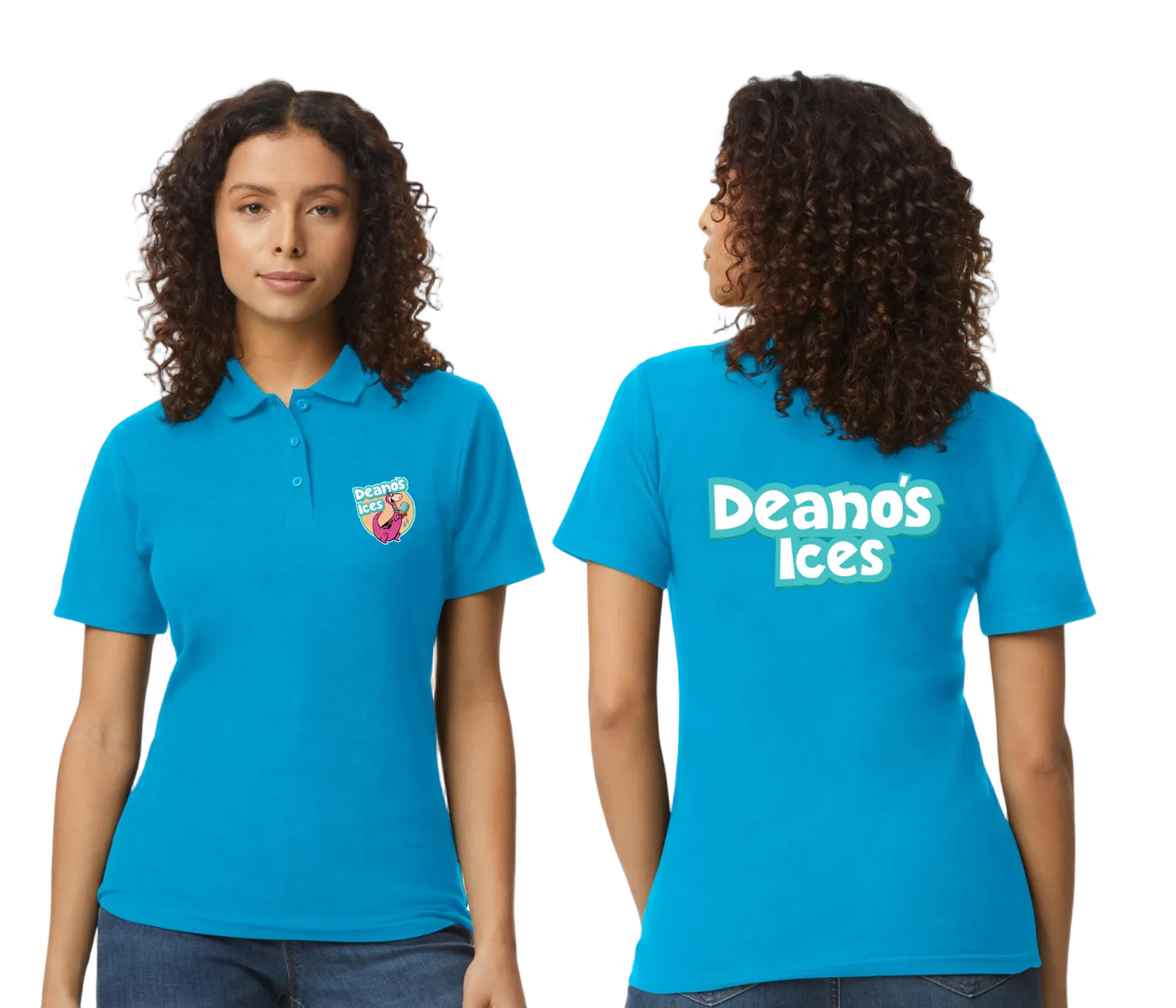 Person wearing a blue polo shirt with 'Deano's Ices' branding on a white background