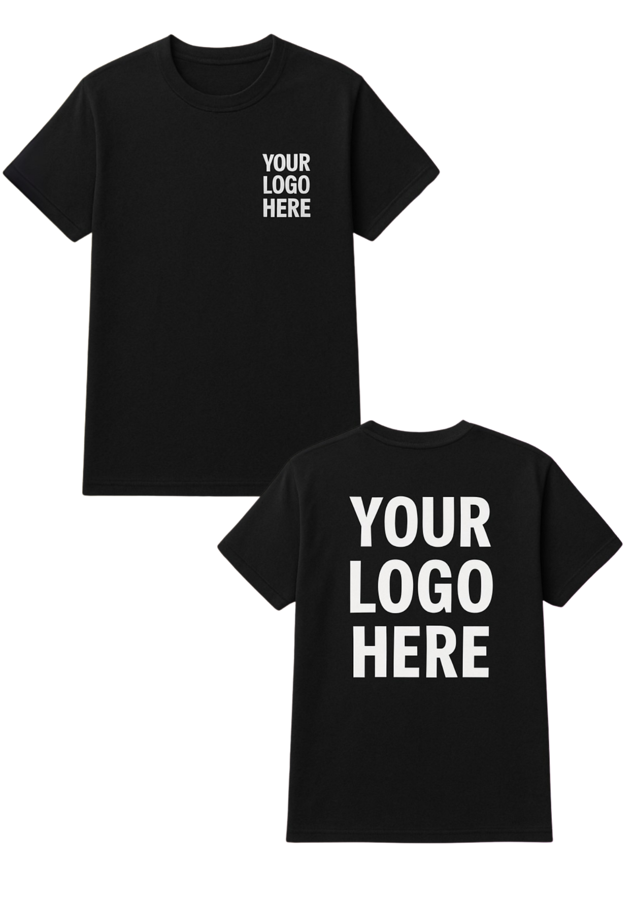 Black t-shirt with 'Your Logo Here' text on front and back used for exemplification