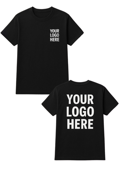 Black t-shirt with 'Your Logo Here' text on front and back used for exemplification