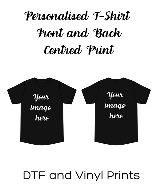 Two black t-shirts with 'Your image here' text on a white background, featuring DTF and Vinyl prints.