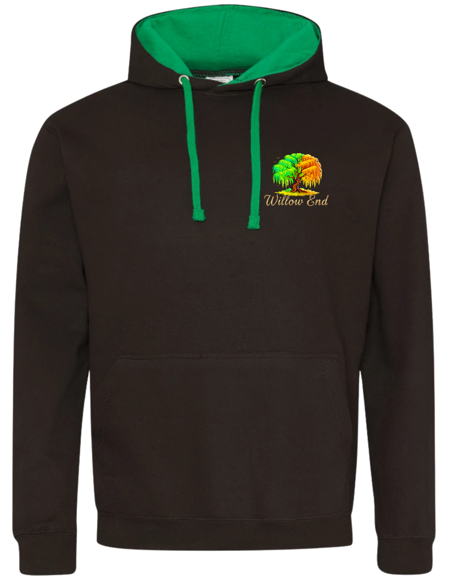 Black hoodie with green hood and logo on a white background