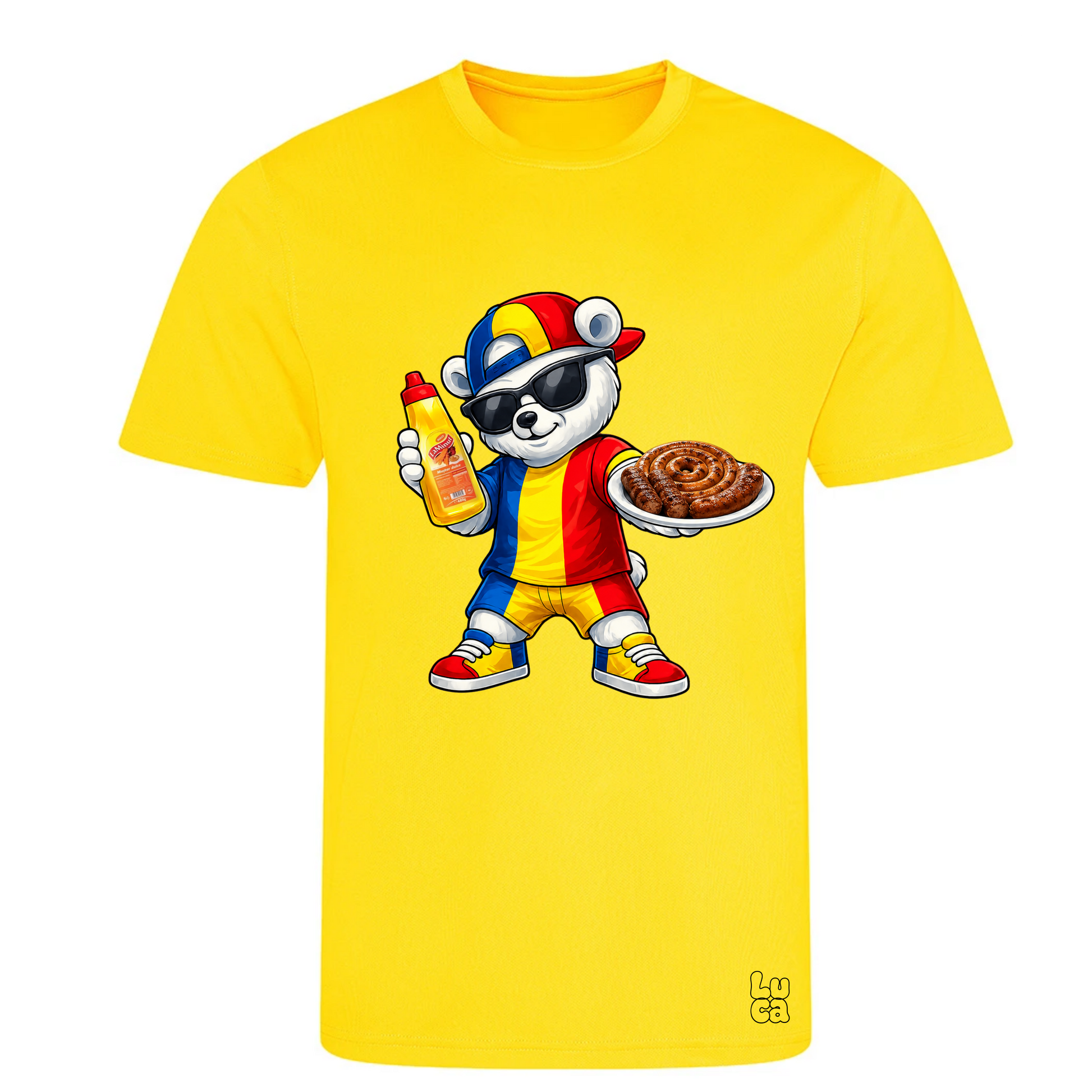 A bright yellow short-sleeve t-shirt featuring a cartoon graphic of a bear character wearing a red, yellow - romanian flag colors, and blue cap, sunglasses, and a red-and-yellow shirt while holding a mustard bottle and a plate of sausages and mici - romanian traditional food. A small 'Lu ca' logo is printed near the bottom right hem.