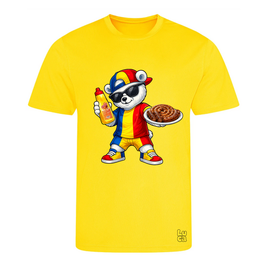 A bright yellow short-sleeve t-shirt featuring a cartoon graphic of a bear character wearing a red, yellow - romanian flag colors, and blue cap, sunglasses, and a red-and-yellow shirt while holding a mustard bottle and a plate of sausages and mici - romanian traditional food. A small 'Lu ca' logo is printed near the bottom right hem.