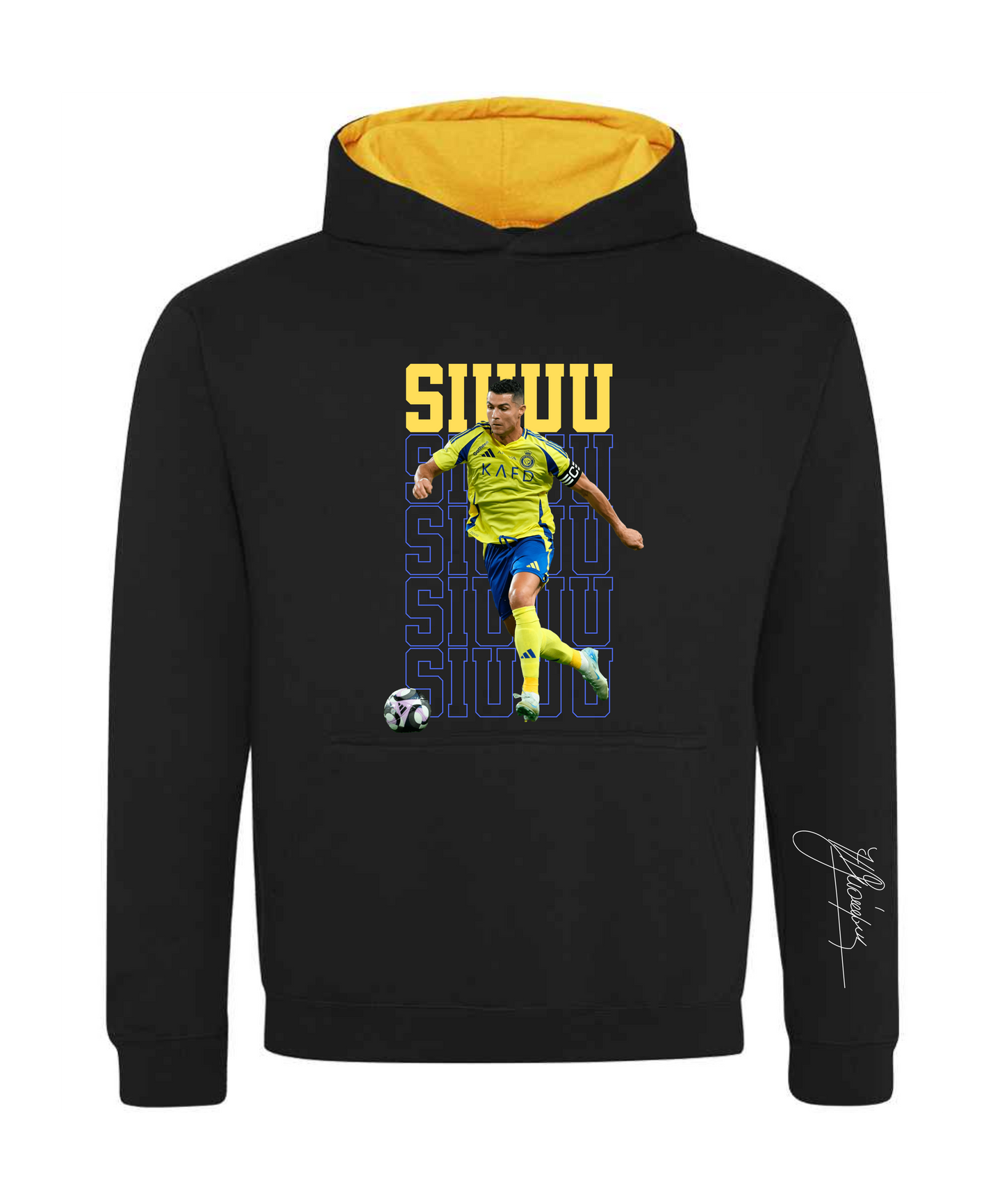 Kids Ronaldo “SIUUU” Hoodie – Cottonridge Gold Hood | Premium Football Hoodie with Autograph | Fast UK Delivery | Designed by Printfield