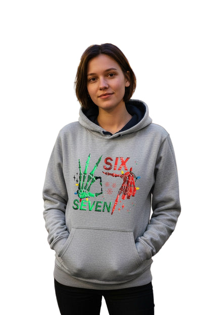 Grey kids hoodie with black hood featuring Six Seven 6 7 skeleton hands Christmas pattern design