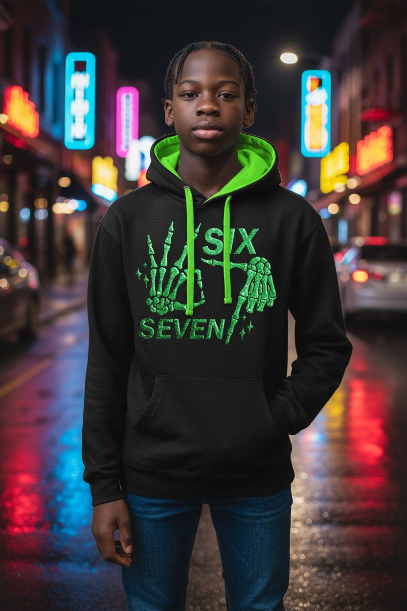 Christmas Pattern Six Seven 6 7 Meme Funny Skeleton Hands Hoodie – Black with Green Hood