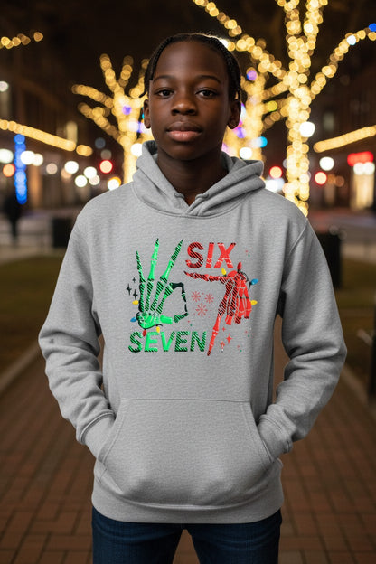 Christmas Pattern Six Seven 6 7 Meme Funny Skeleton Hands Hoodie – Grey with Black Hood