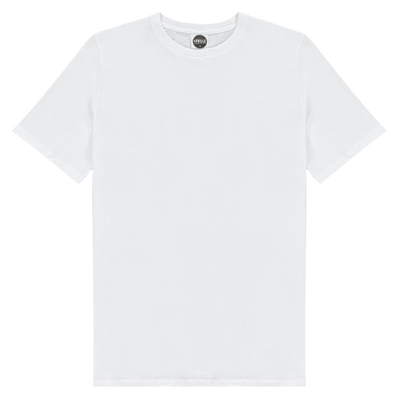 A short-sleeved white t-shirt with a crew neckline, displayed on a plain background.