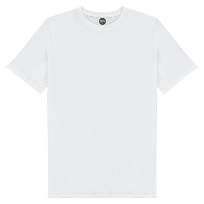 A short-sleeved white t-shirt with a crew neckline, displayed on a plain background.