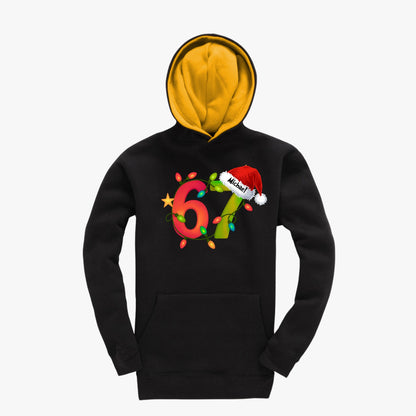 Personalised Kids 6-7 (six-seven) viral meme Christmas Hoodie with Gold Hood – Festive Lights Design
