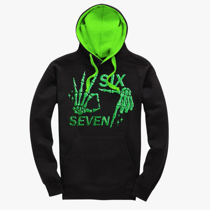 Christmas Pattern Six Seven 6 7 Meme Funny Skeleton Hands Hoodie – Black with Green Hood