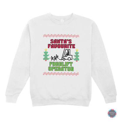 White sweatshirt with 'Santa's Favourite Forklift Operator' text and graphics on a white background