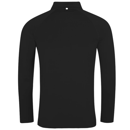 A black long-sleeve quarter-zip athletic top shown from the back, displayed on a clean white background.