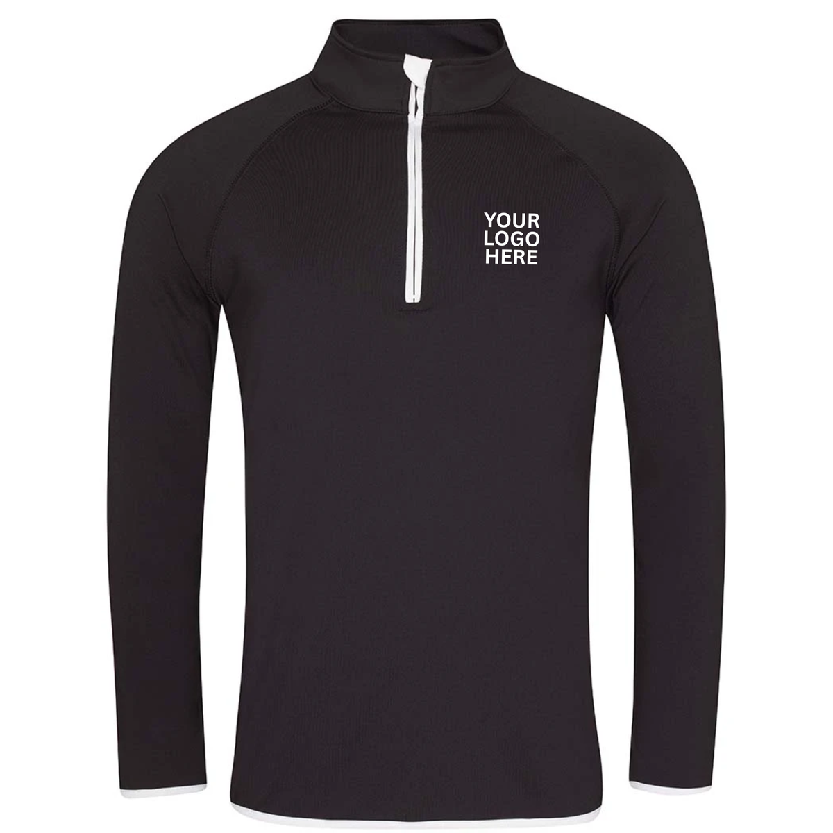 A black long-sleeve quarter-zip pullover with a mock neck collar, featuring a white zipper and white placeholder text on the left chest that reads 'YOUR LOGO HERE'.